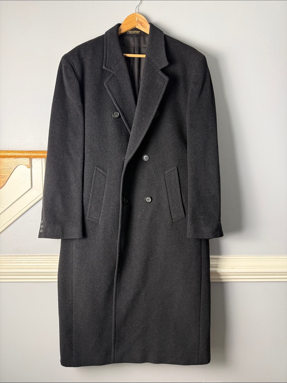 Vintage Men's Double-Breasted Black Wool Pea Coat Cashmere Blend